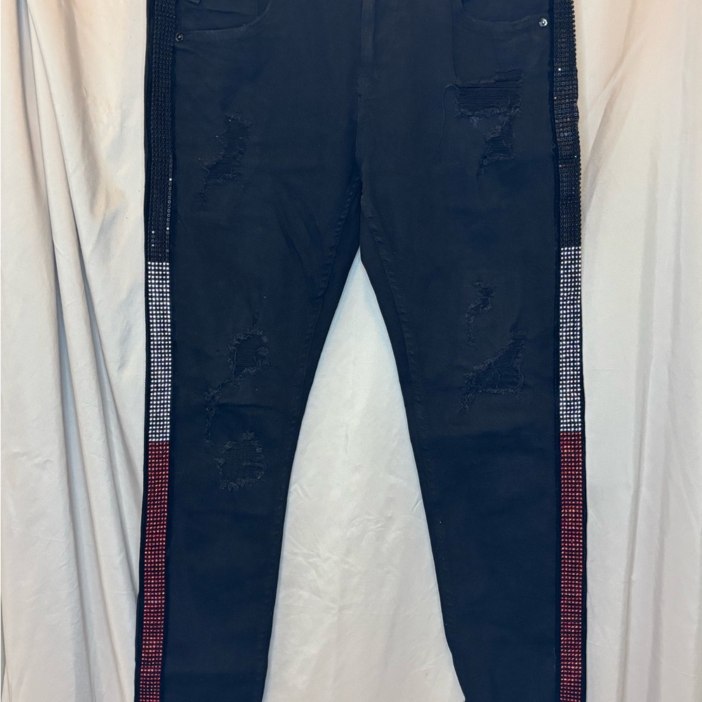 Stylish Black Skinny Jeans with Red‎ and White Accents